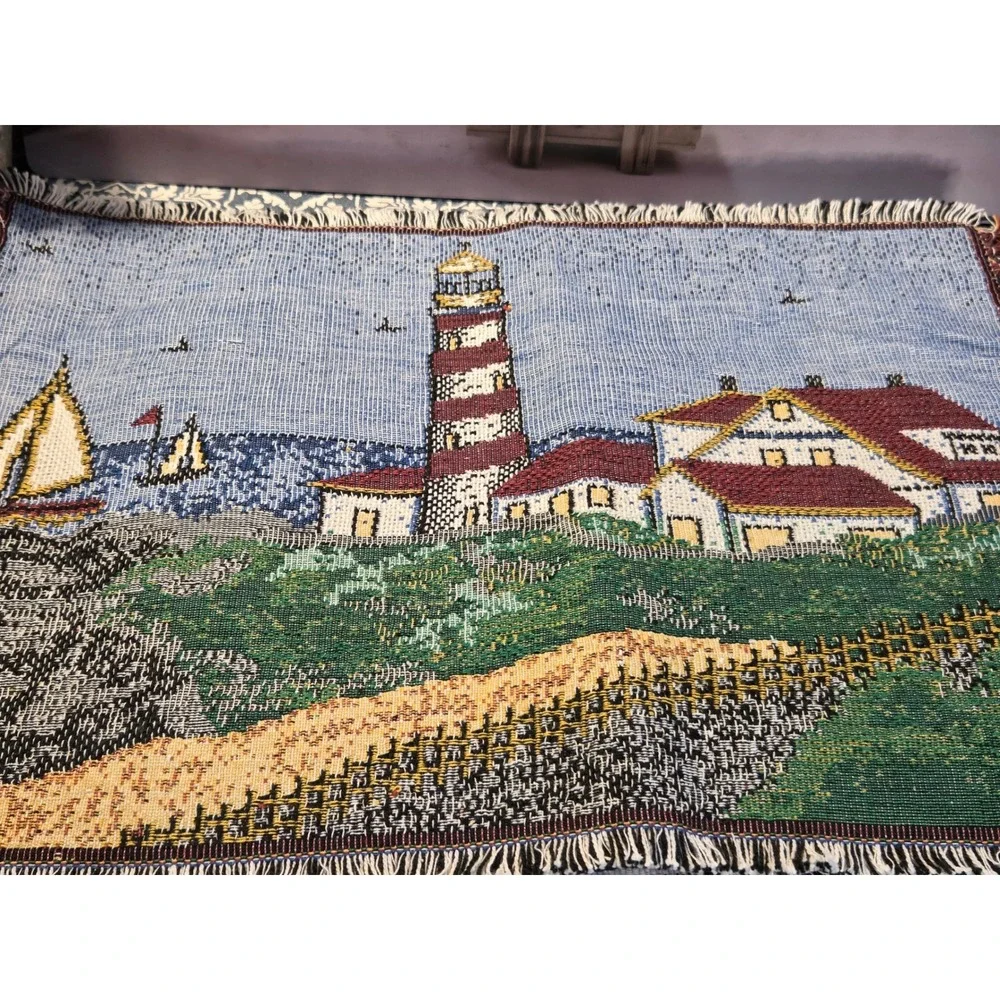 😎Vintage Nautical Woven Tapestry Placemats Set of 6 Lighthouse Sailboat Coastal